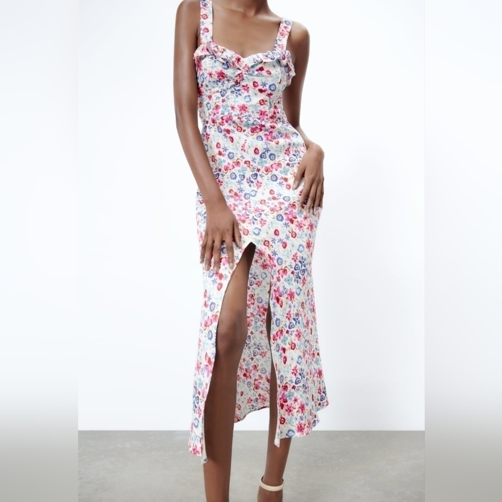 Zara Linen Multicolored Floral Midi Front Slit Dress Size M